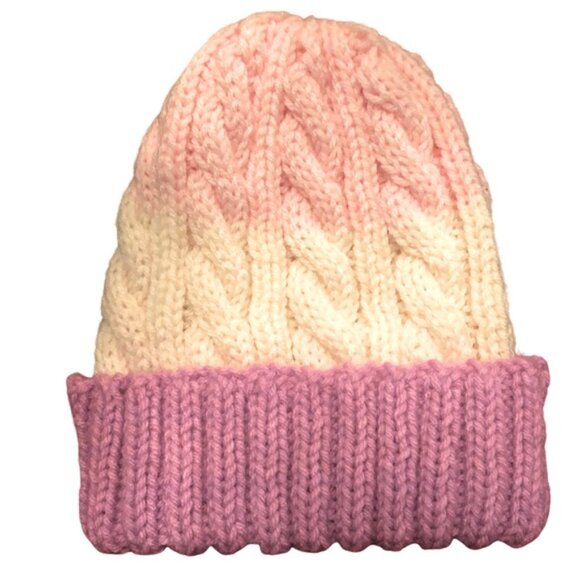 Hand Knit Toddlers Winter Hat Cable Knit in LavenderPinkWhite Size 46 - Picture 3 of 3